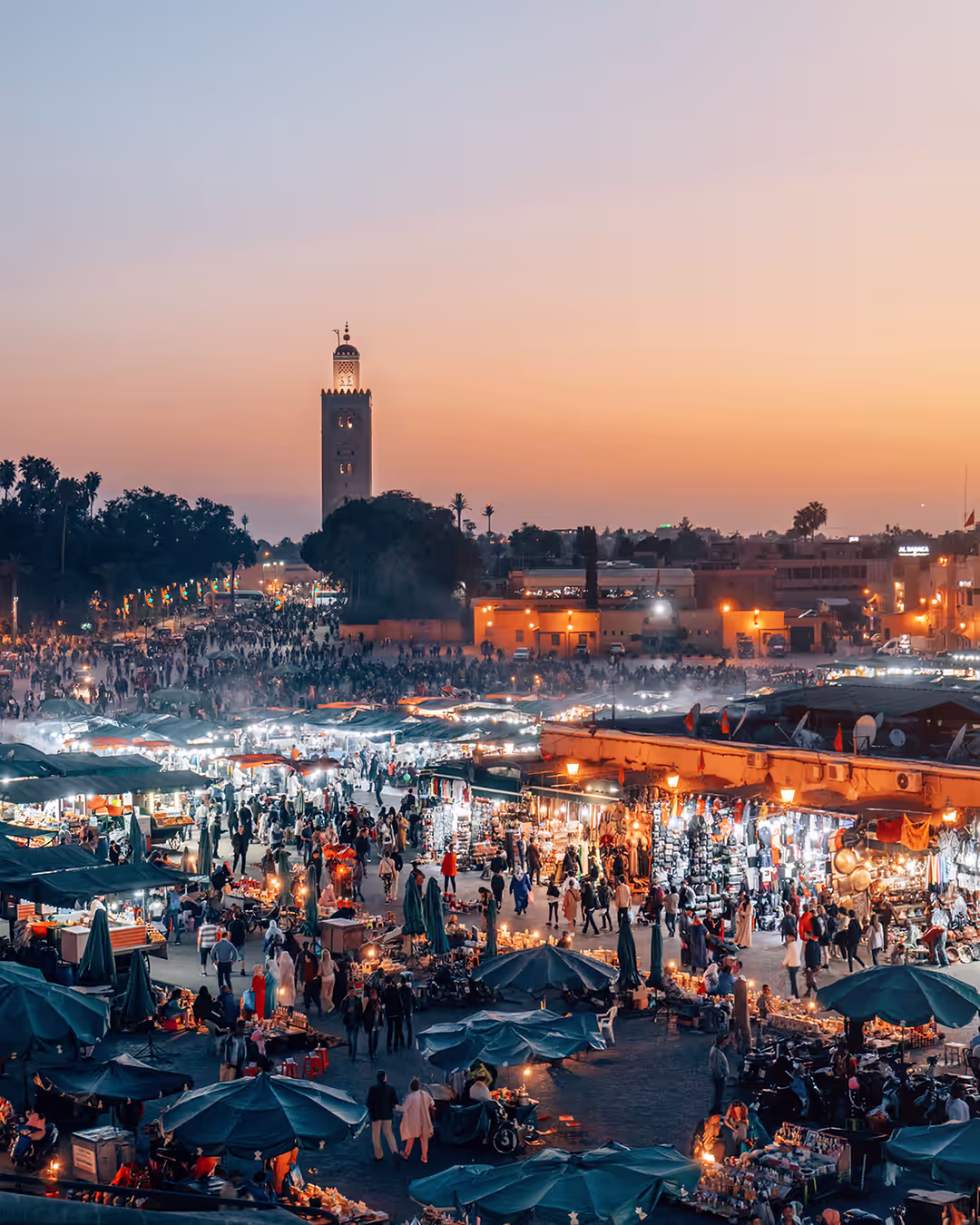 Aerial view of Jemaa el-Fna square in Marrakech at night